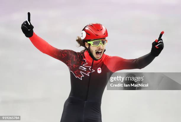 Samuel Girard of Canada celebrates after winning the Men's 1000m Final during the Short Track Speed Skating on day eight of the PyeongChang 2018...