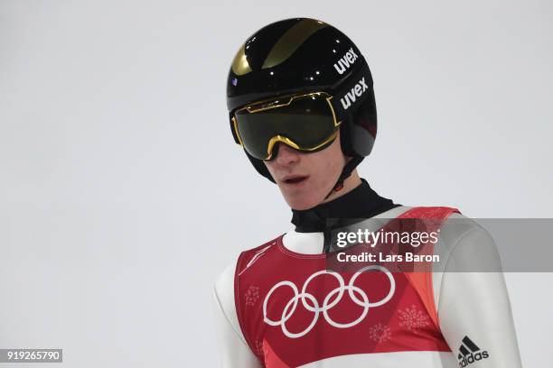 Peter Prevc of Slovenia reacts after he makes a jump during the Ski Jumping - Men's Large Hill on day eight of the PyeongChang 2018 Winter Olympic...