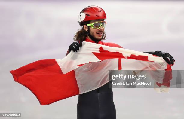 Samuel Girard of Canada celebrates after winning the Men's 1000m Final during the Short Track Speed Skating on day eight of the PyeongChang 2018...