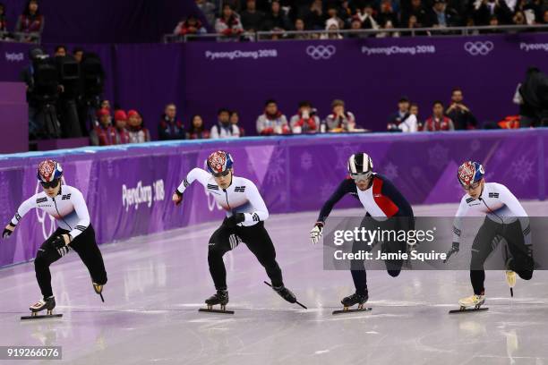 Hyojun Lim of Korea, Thibaut Fauconnet of France, Daeheon Hwang of Korea and Yira Seo of Korea compete during the Short Track Speed Skating Men's...