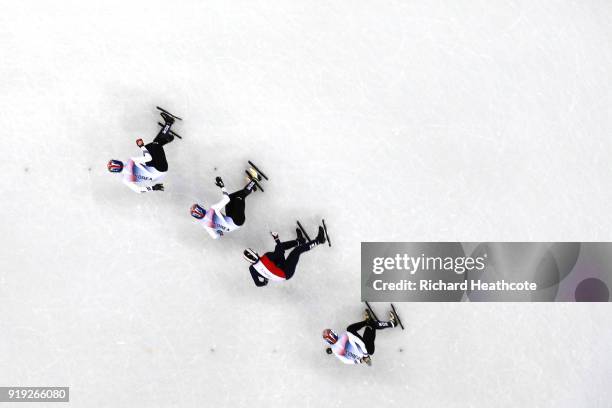 Hyojun Lim of Korea, Thibaut Fauconnet of France, Daeheon Hwang of Korea and Yira Seo of Korea compete during the Short Track Speed Skating Men's...