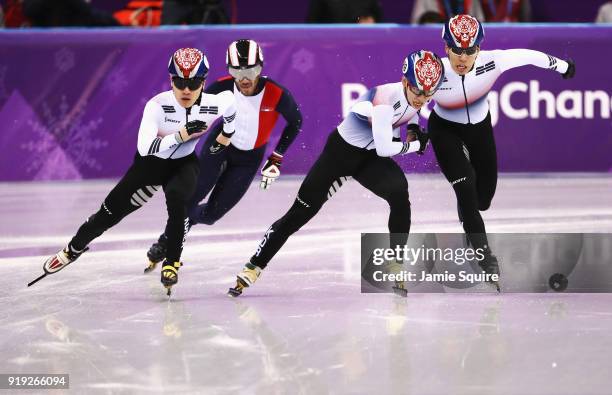 Hyojun Lim of Korea, Thibaut Fauconnet of France, Daeheon Hwang of Korea and Yira Seo of Korea compete during the Short Track Speed Skating Men's...