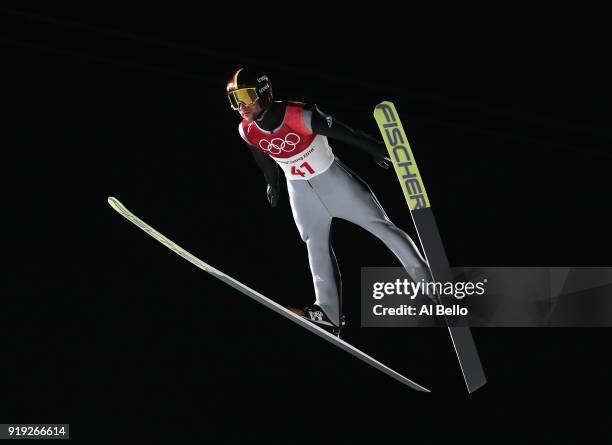 Markus Eisenbichler of Germany makes a jump during the Ski Jumping - Men's Large Hill on day eight of the PyeongChang 2018 Winter Olympic Games at...