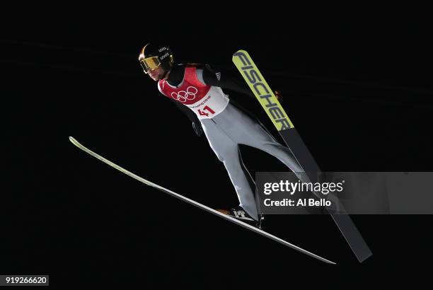 Markus Eisenbichler of Germany makes a jump during the Ski Jumping - Men's Large Hill on day eight of the PyeongChang 2018 Winter Olympic Games at...