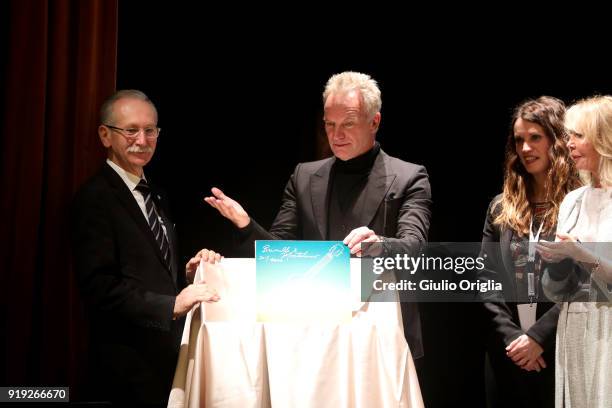 Patrizio Cencioni, Sting and Trudie Styler attend Benvenuto Brunello 2018 at Teatro degli Astrusi on February 17, 2018 in Montalcino, Italy.