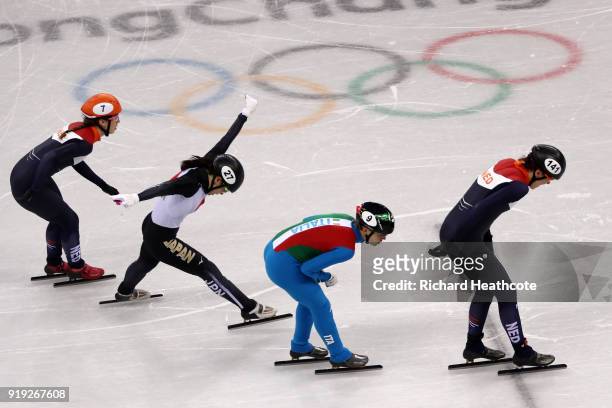 Suzanne Schulting of the Netherlands, Sumire Kikuchi of Japan, Arianna Fontana of Italy and Jorien ter Mors of the Netherlands compete during the...