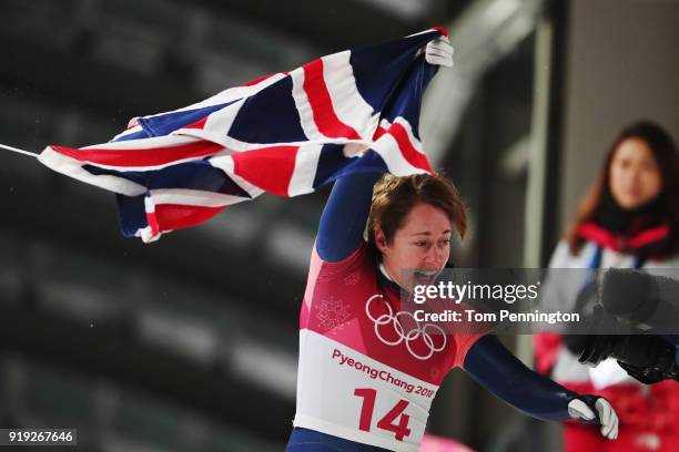 Lizzy Yarnold of Great Britain reacts after her final run during the Women's Skeleton on day eight of the PyeongChang 2018 Winter Olympic Games at...