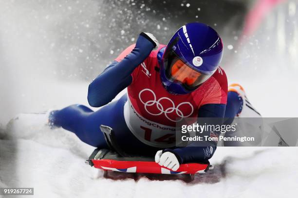 Lizzy Yarnold of Great Britain reacts as she finishes her final run during the Women's Skeleton on day eight of the PyeongChang 2018 Winter Olympic...