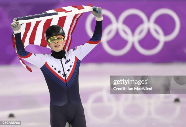 John Henry Krueger of United States celebrates second place in the Men's 1000m Final during the Short Track Speed Skating on day eight of the...