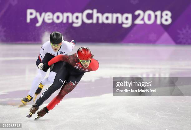 Samuel Girard of Canada on his way to winning the Men's 1000m Final during the Short Track Speed Skating on day eight of the PyeongChang 2018 Winter...