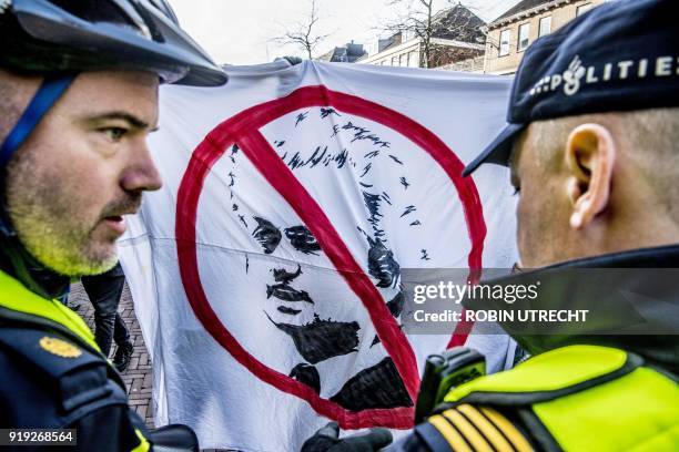 Opponents of the right-wing Party for Freedom hold a counter-campaign in the center of Dordrecht, the Netherlands, on February 17 as the party's...