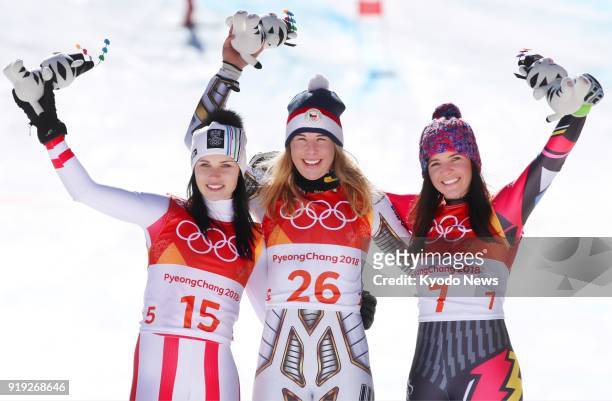 Ester Ledecka of the Czech Republic poses after winning the women's Alpine skiing super-G at the Pyeongchang Winter Olympics in South Korea on Feb....