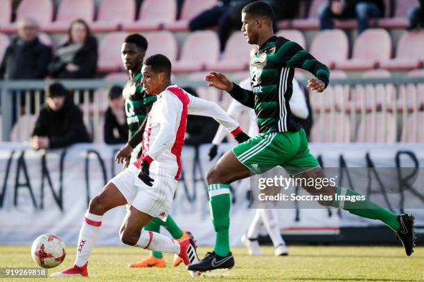 Danilo Pereira da Silva of Ajax U19, Noah Lewis of Feyenoord U19 during the match between Ajax U19 v Feyenoord U19 at the De Toekomst on February 16,...