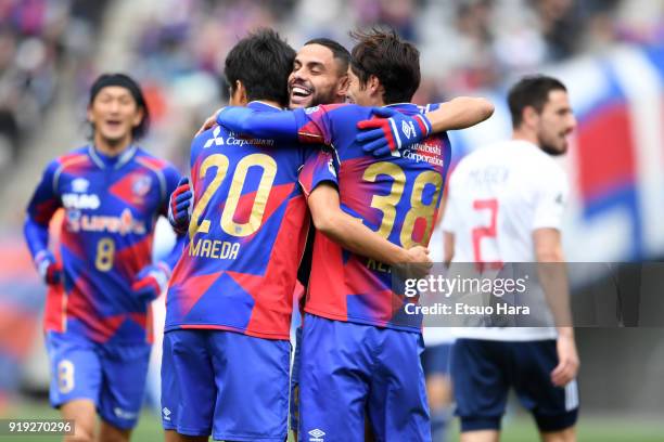 Ryoichi Maeda of FC Tokyo celebrates scoring his side's first goal during the preseason friendly match between FC Tokyo and Yokohama F.Marinos at...