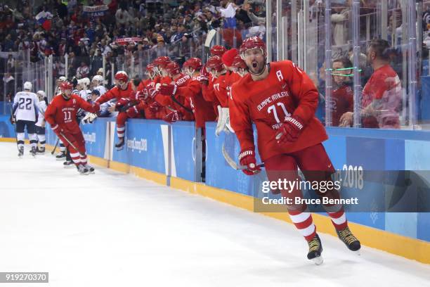 Ilya Kovalchuk of Olympic Athlete from Russia celebrates after scoring a goal in the second period against the United States during the Men's Ice...