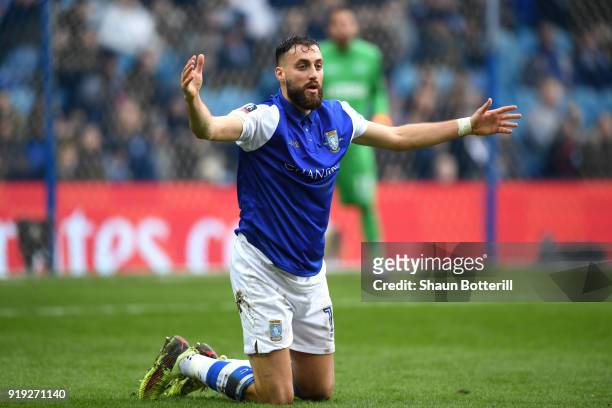 Atdhe Nuhiu of Sheffield Wednesday reacts during the The Emirates FA Cup Fifth Round between Sheffield Wednesday v Swansea City at Hillsborough on...