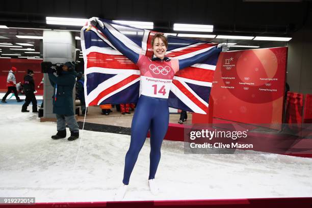 Lizzy Yarnold of Great Britain celebrates as she wins gold during the Women's Skeleton on day eight of the PyeongChang 2018 Winter Olympic Games at...