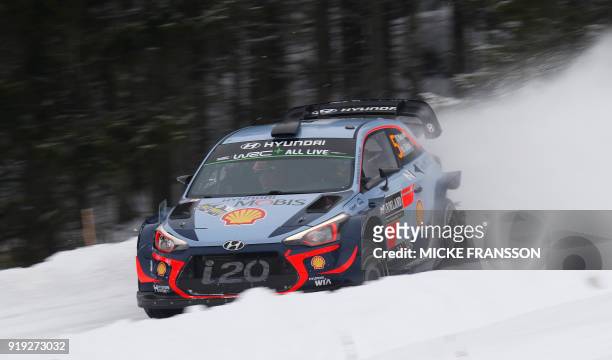 Thierry Neuville of Belgium drives his Hyundai i20 Coupe WRC during day 3 of the Rally of Sweden as part of the World Rally Championship in Hagfors,...