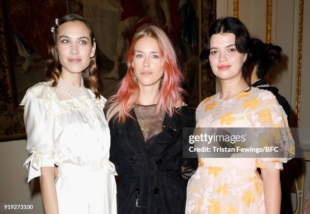 Alexa Chung, Lady Mary Charteris and Pixie Geldof attend the Simone Rocha show during London Fashion Week February 2018 at Goldsmith's Hall on...