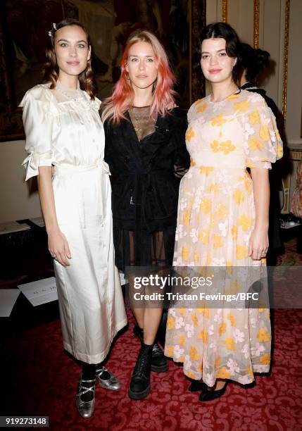 Alexa Chung, Lady Mary Charteris and Pixie Geldof attend the Simone Rocha show during London Fashion Week February 2018 at Goldsmith's Hall on...