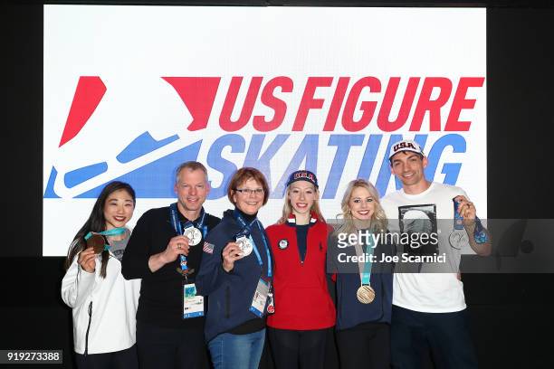 Olympian Mirai Nagasu, Coach Tom Zakrajsek, Coach Denise Myers, U.S. Olympians Bradie Tennell, Alexa Scimeca-Knierim and Chris Knierim pose for a...