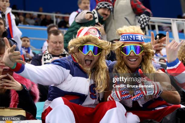 Fans of Team United States pose during the Men's Ice Hockey Preliminary Round Group B game against United States on day eight of the PyeongChang 2018...