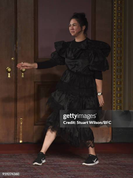 Fashion designer Simone Rocha on the runway after her show during London Fashion Week February 2018 at Goldsmith's Hall on February 17, 2018 in...
