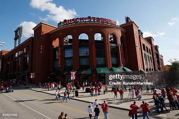 An exterior view of Busch Stadium before the start of Game Three of the NLDS during the 2009 MLB Playoffs between the St. Louis Cardinals and the Los...