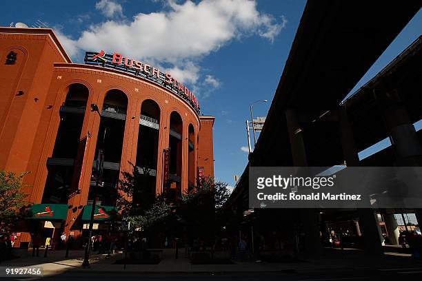 An exterior view of Busch Stadium before the start of Game Three of the NLDS during the 2009 MLB Playoffs between the St. Louis Cardinals and the Los...