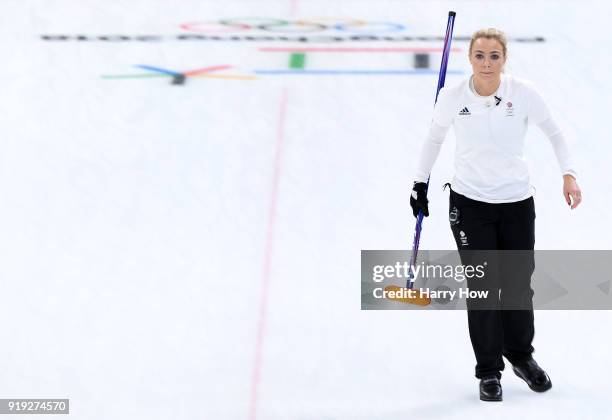 Anna Sloan of Great Britain follows her throw in a match against South Korea during the Women's Curling Round Robin on day eight of the PyeongChang...