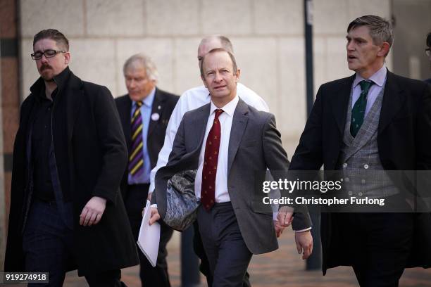 Leader Henry Bolton arrives for the UKIP Extra-Ordinary Leadership Metting at the International Convention Centre on February 17, 2018 in Birmingham,...