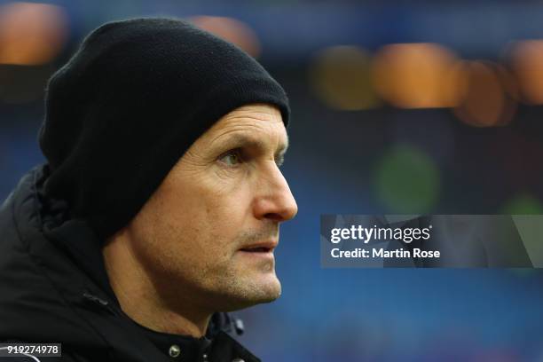 Heiko Herrlich, coach of Bayer Leverkusen, looks on before the Bundesliga match between Hamburger SV and Bayer 04 Leverkusen at Volksparkstadion on...