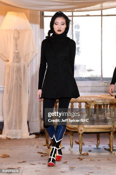 Model poses at the Dorateymur Presentation during London Fashion Week February 2018 at Somerset House on February 17, 2018 in London, England.