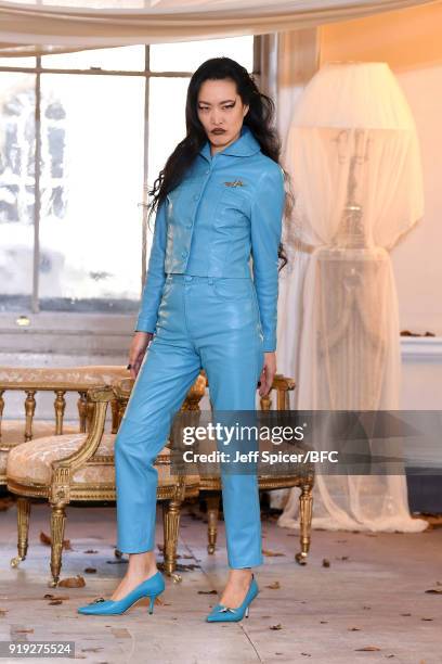 Model poses at the Dorateymur Presentation during London Fashion Week February 2018 at Somerset House on February 17, 2018 in London, England.