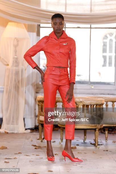 Model poses at the Dorateymur Presentation during London Fashion Week February 2018 at Somerset House on February 17, 2018 in London, England.