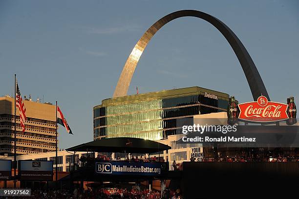An interior view of Busch Stadium and the St. Louis Gateway Arch during Game Three of the NLDS during the 2009 MLB Playoffs between the St. Louis...