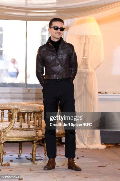 Designer Dora Teymur poses at the Dorateymur Presentation during London Fashion Week February 2018 at Somerset House on February 17, 2018 in London,...