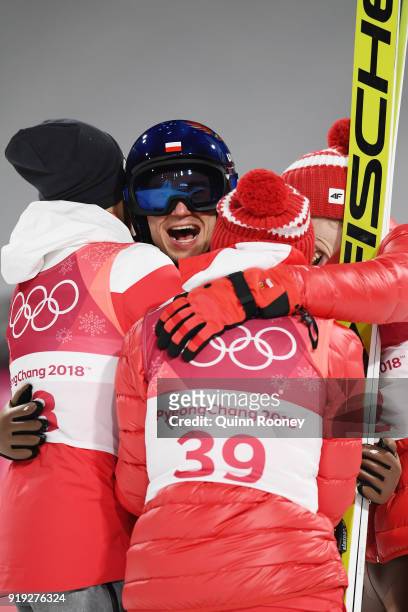 Gold medalist Kamil Stoch of Poland celebrates following the Ski Jumping - Men's Large Hill on day eight of the PyeongChang 2018 Winter Olympic Games...