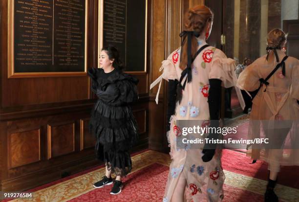 Fashion designer Simone Rocha after her show during London Fashion Week February 2018 at Goldsmith's Hall on February 17, 2018 in London, England.