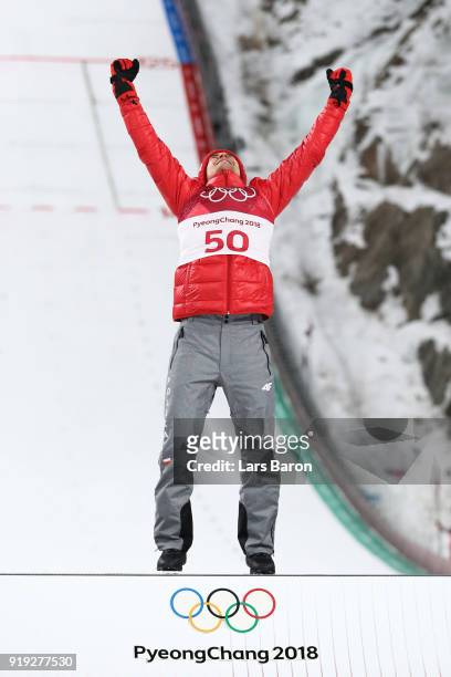 Gold medalist, Kamil Stoch of Poland celebrates on the podium following the Ski Jumping - Men's Large Hill on day eight of the PyeongChang 2018...