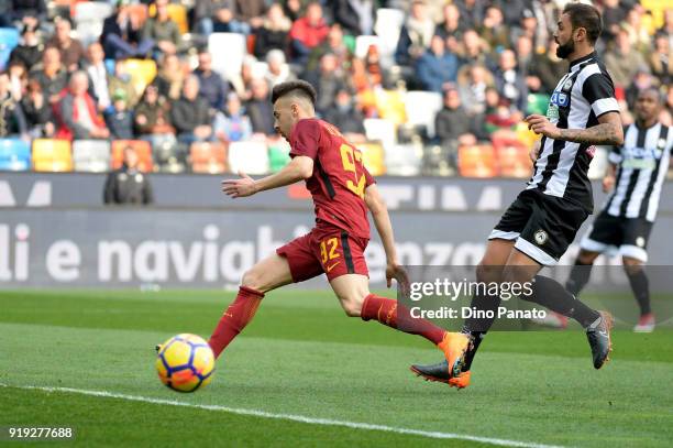 Silvan Widmer of Udinese Calcio competes with Stephan El Shaaraw of AS Roma during the serie A match between Udinese Calcio and AS Roma at Stadio...