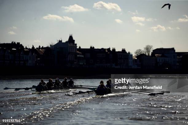 Both crews compete in the Boat Race Trial race between Cambridge University Women's Boat Club and University of London on February 17, 2018 in...