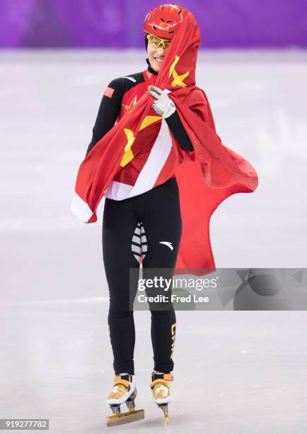 Jinyu Li of China celebrates after winning the silver medal, respectively during the Short Track Speed Skating Ladies' 1500m Final A on day eight of...