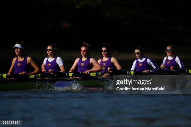 The University of London boat in action during the Boat Race Trial race between Cambridge University Women's Boat Club and University of London on...