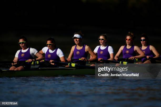 The University of London boat in action during the Boat Race Trial race between Cambridge University Women's Boat Club and University of London on...