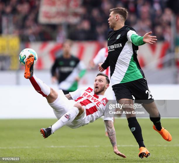 Marco Hoeger of Koeln is challenged by Niclas Fuellkrug of Hannover during the Bundesliga match between 1. FC Koeln and Hannover 96 at...