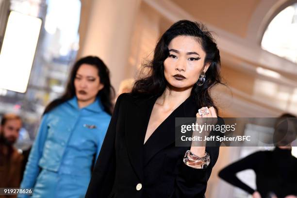 Models pose at the Dorateymur Presentation during London Fashion Week February 2018 at Somerset House on February 17, 2018 in London, England.