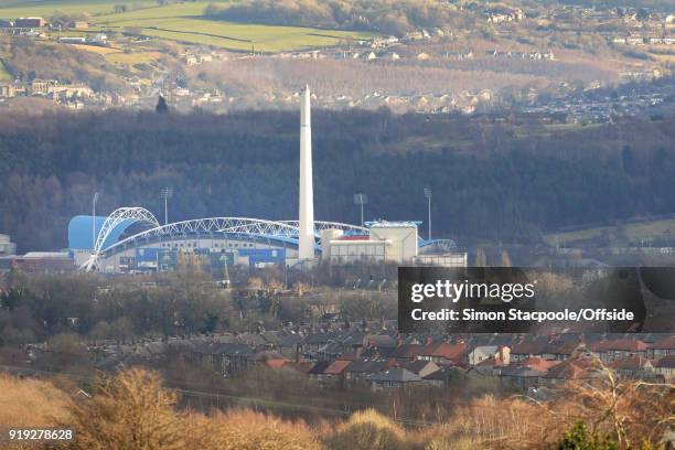 General view of the stadium seen across the fields ahead of The Emirates FA Cup Fifth Round match between Huddersfield Town and Manchester United at...