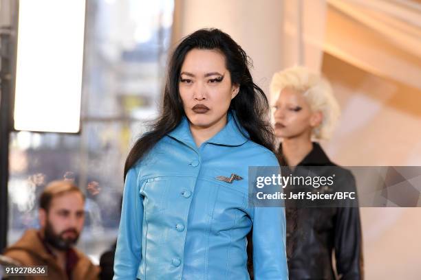 Models pose at the Dorateymur Presentation during London Fashion Week February 2018 at Somerset House on February 17, 2018 in London, England.