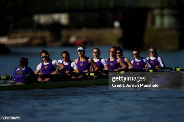 The University of London boat in action during the Boat Race Trial race between Cambridge University Women's Boat Club and University of London on...